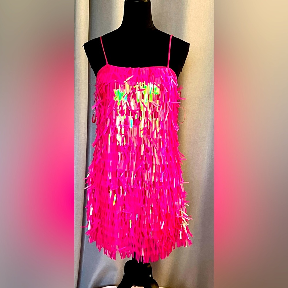 Allison + Kelly Dresses, Fringe Layered Sequin Fringe Mini Dress,Pink Size: M